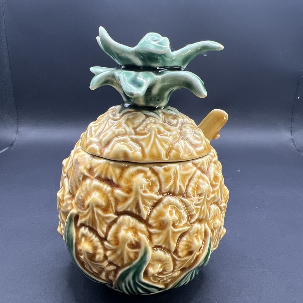 Vintage Bordallo Pinheiro Ceramic Pineapple Condiment Server Jar Pot Portugal
